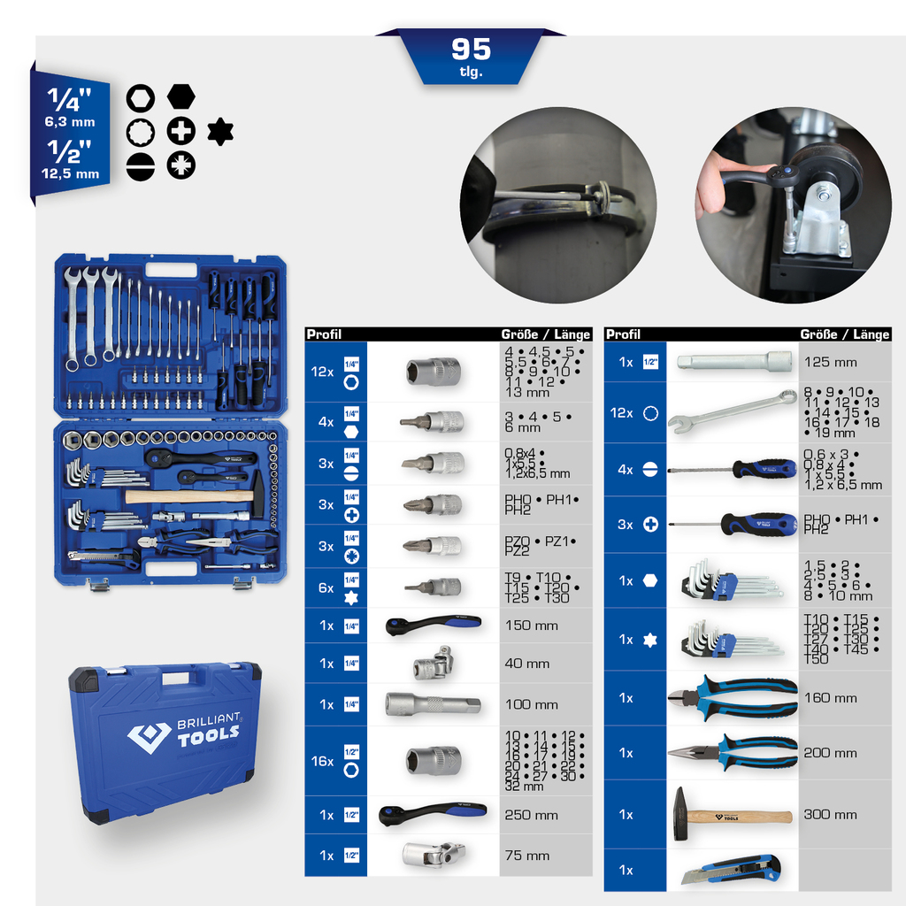 Brilliant 1/4" + 1/2" Universal-Werkzeug-Satz, 95-tlg