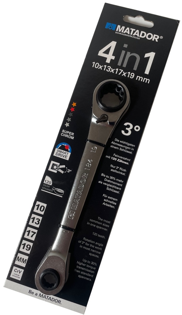 MATADOR 4-in-1 Ratcheting Ring Spanner 10 x 13 x 17 x 19 mm