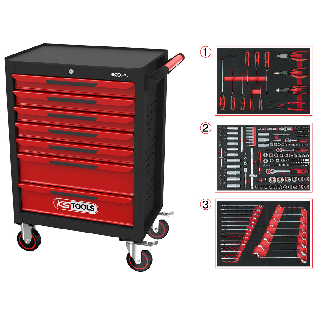 ECOline Tool Trolley Black/Red with 7 Drawers and 215 Premium Tools