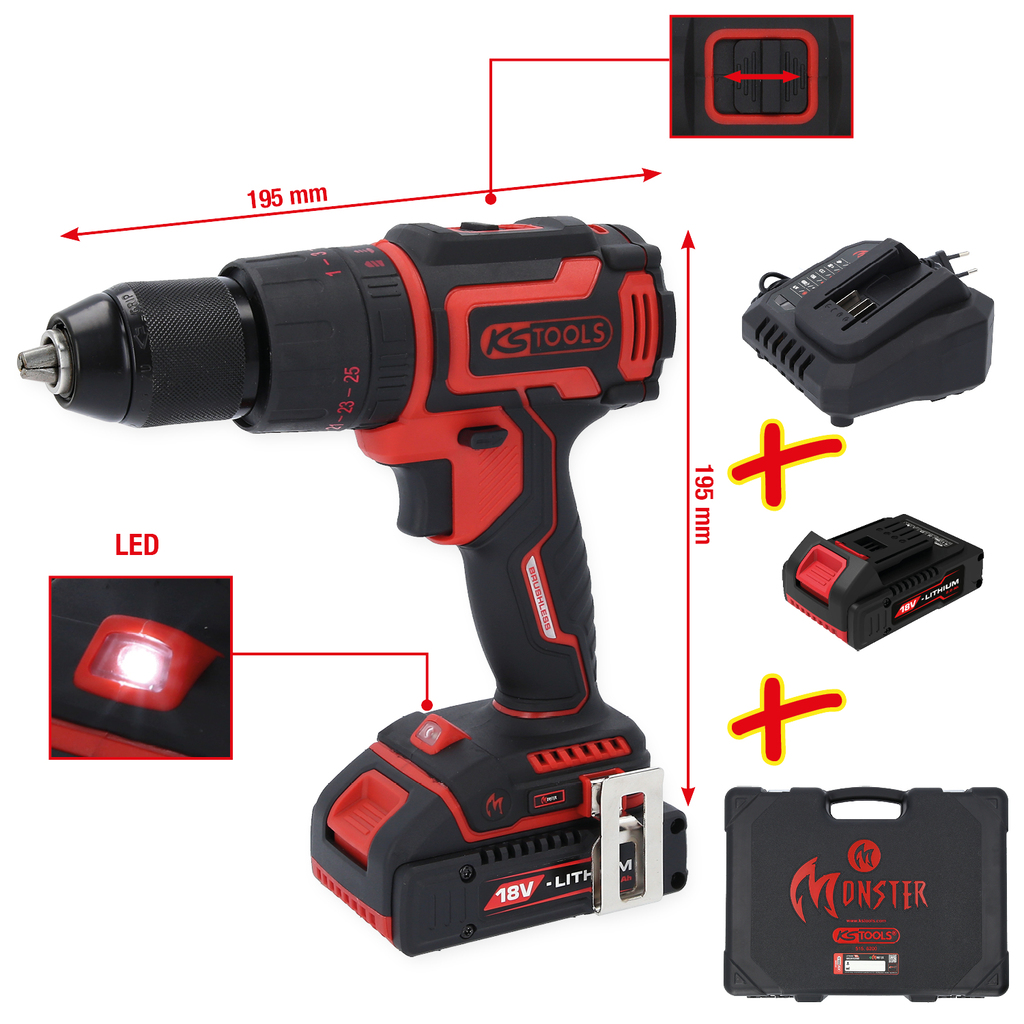 KS Tools eMONSTER Brushless Cordless Impact Drill Screwdriver Set, 4-piece