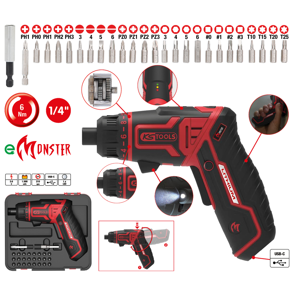 [515.6500] KS Tools eMONSTER 1/4" Cordless Bit Screwdriver Set, 27-Piece
