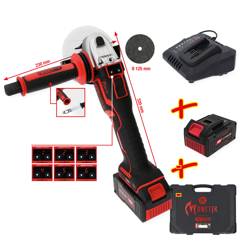KS Tools eMONSTER Brushless Cordless Angle Grinder Set, 4-piece
